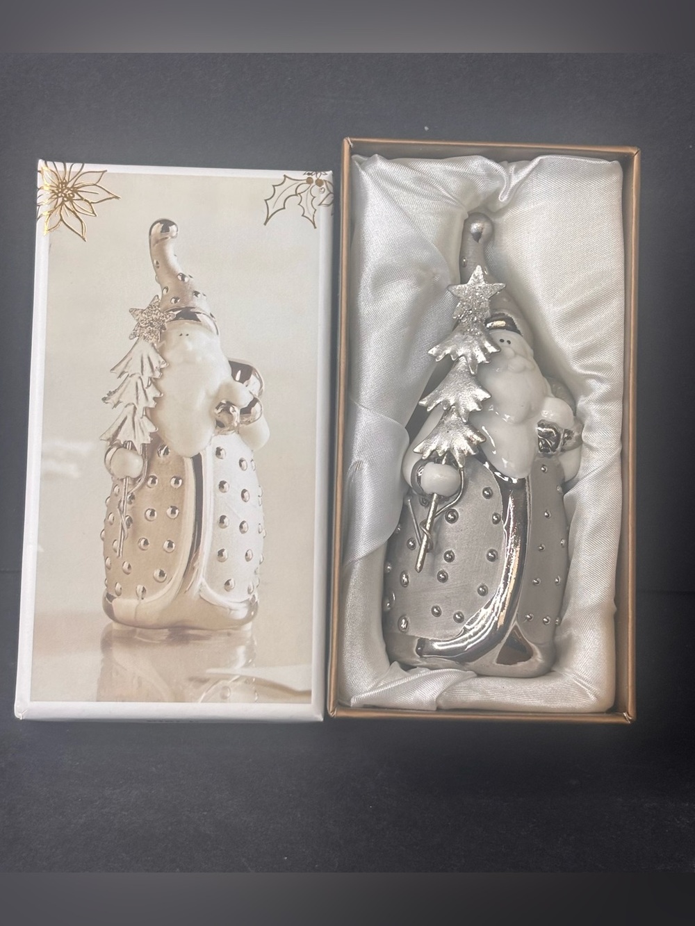 Vintage Pier 1 Santa Pere Noel Ceramic Figurine Original Box Silver White